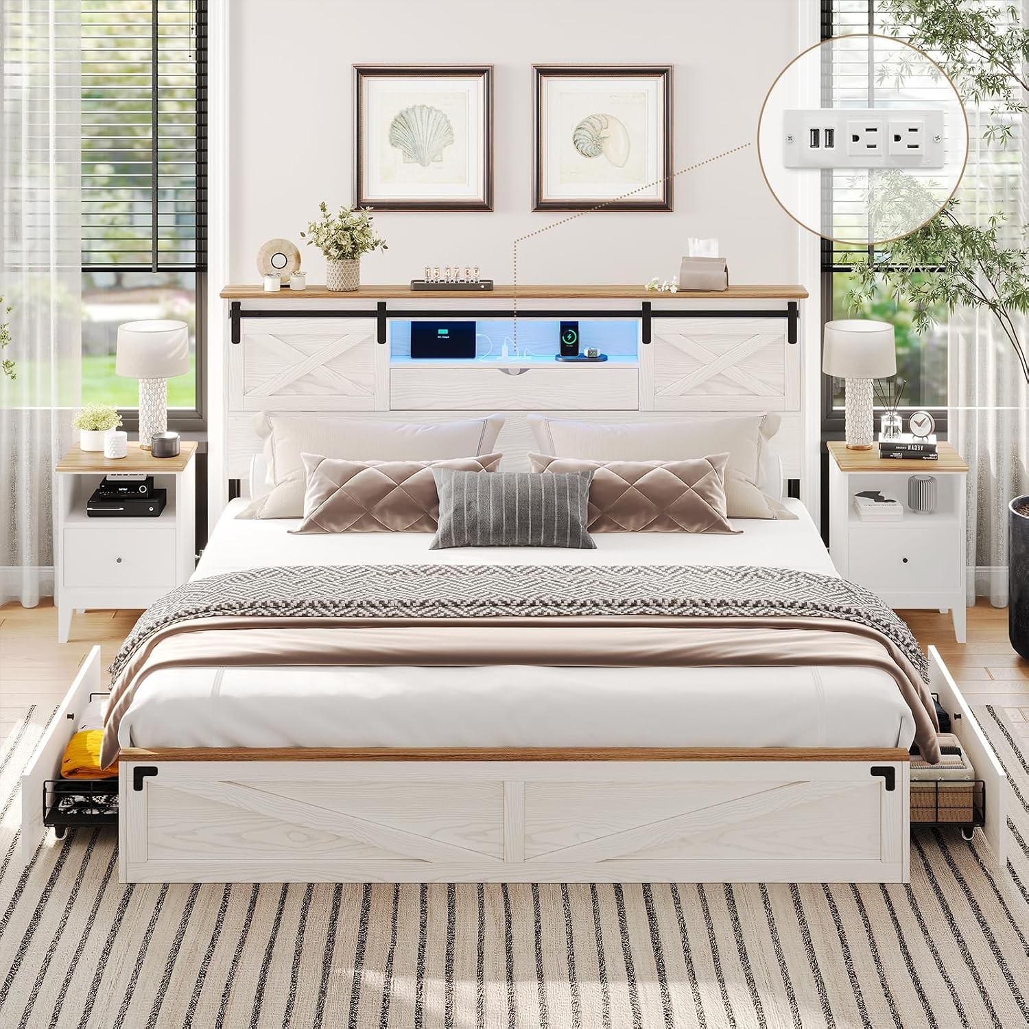 Farmhouse Bed Frame King Size W/ Storage Bookcase Headboard Wooden King Bed