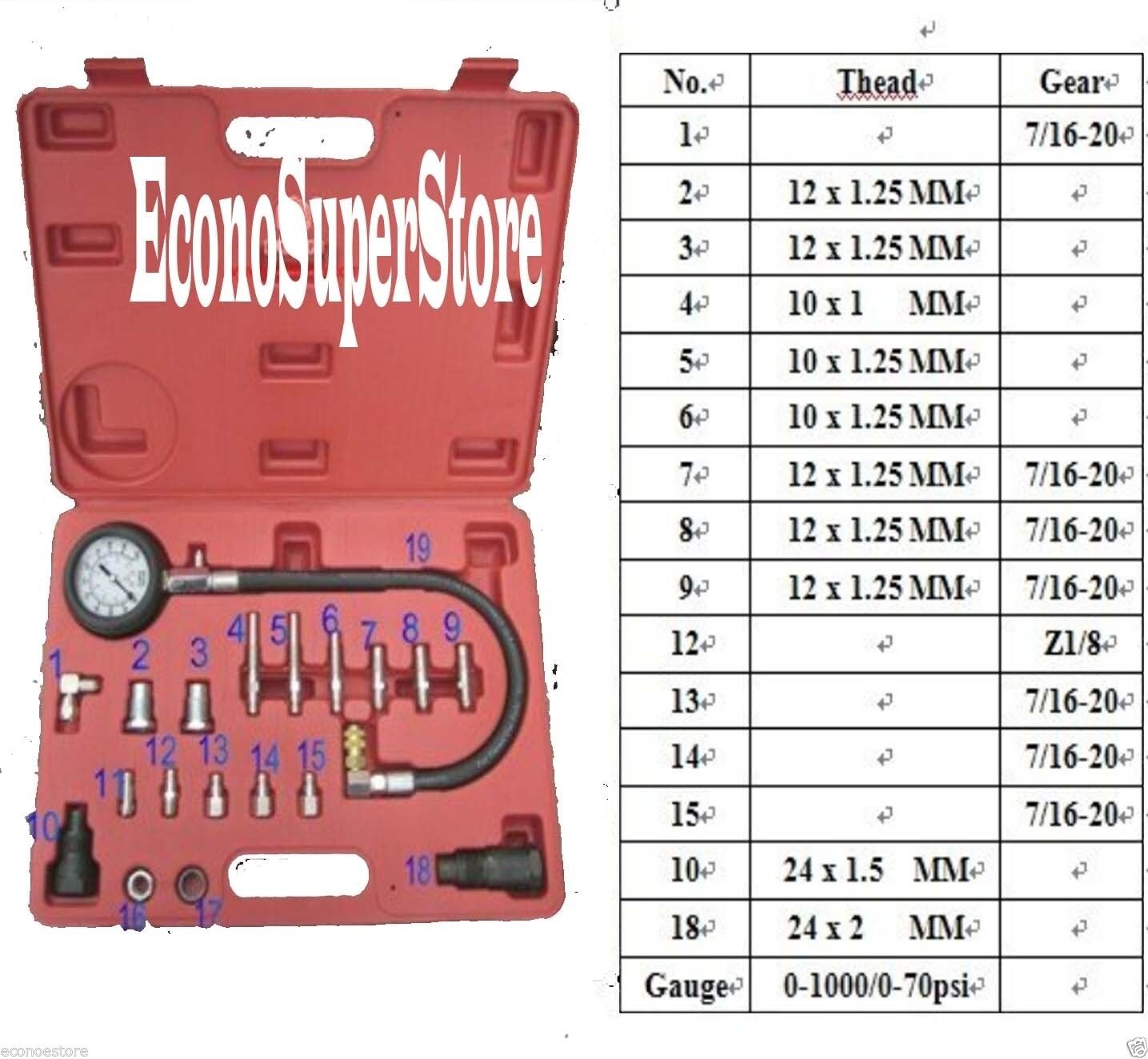 19PC Diesel Cylinder Compression Pressure Meter Engine Testing Gauge Test Kit