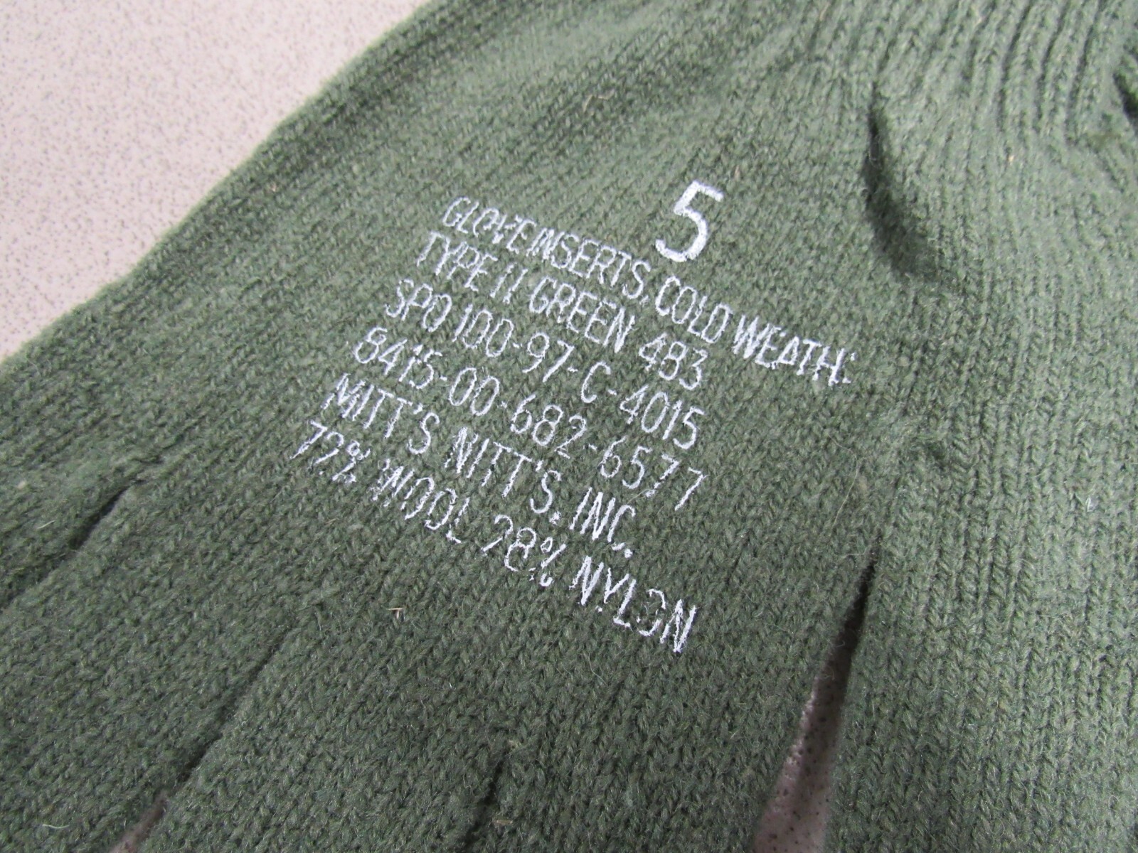 US GI Wool Glove Liners Inserts Size 5 Green 483 Cold Weather For D3A Shells NOS