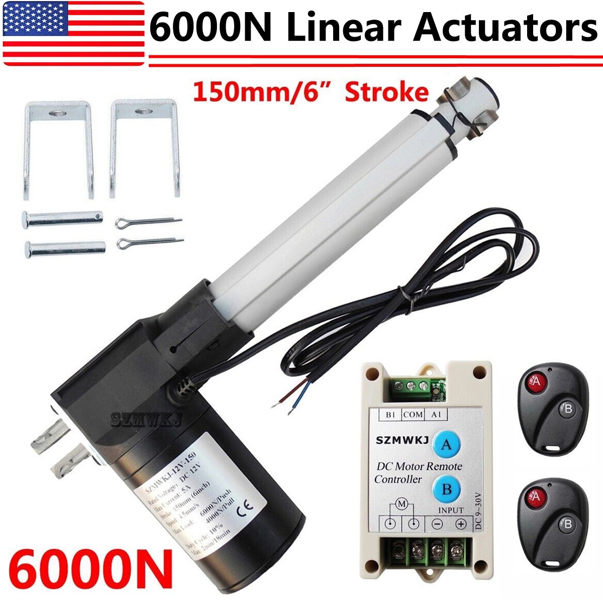 6000N 1320lbs 12V Linear Actuator 150mm 6" Stroke DC Motor &Controller &Brackets
