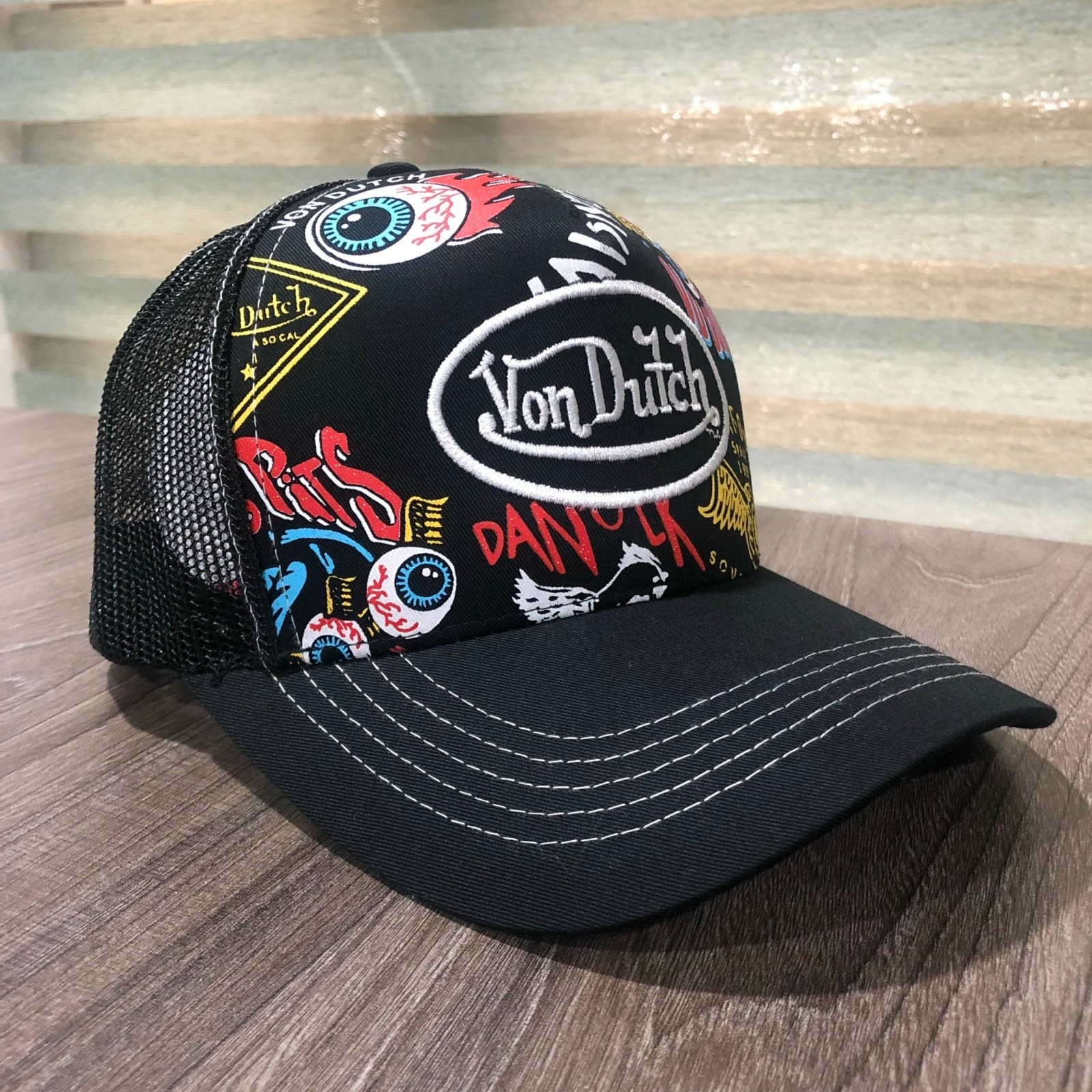 Von Dutch Flying Eyeball Trucker Hat Black Mesh Adjustable Snapback All Over Cap
