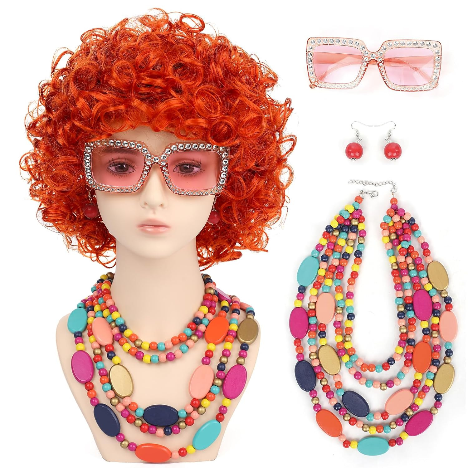 Women Roper Curly Orange Red Cosplay Wig with Necklace Earrings and Sunglasses f