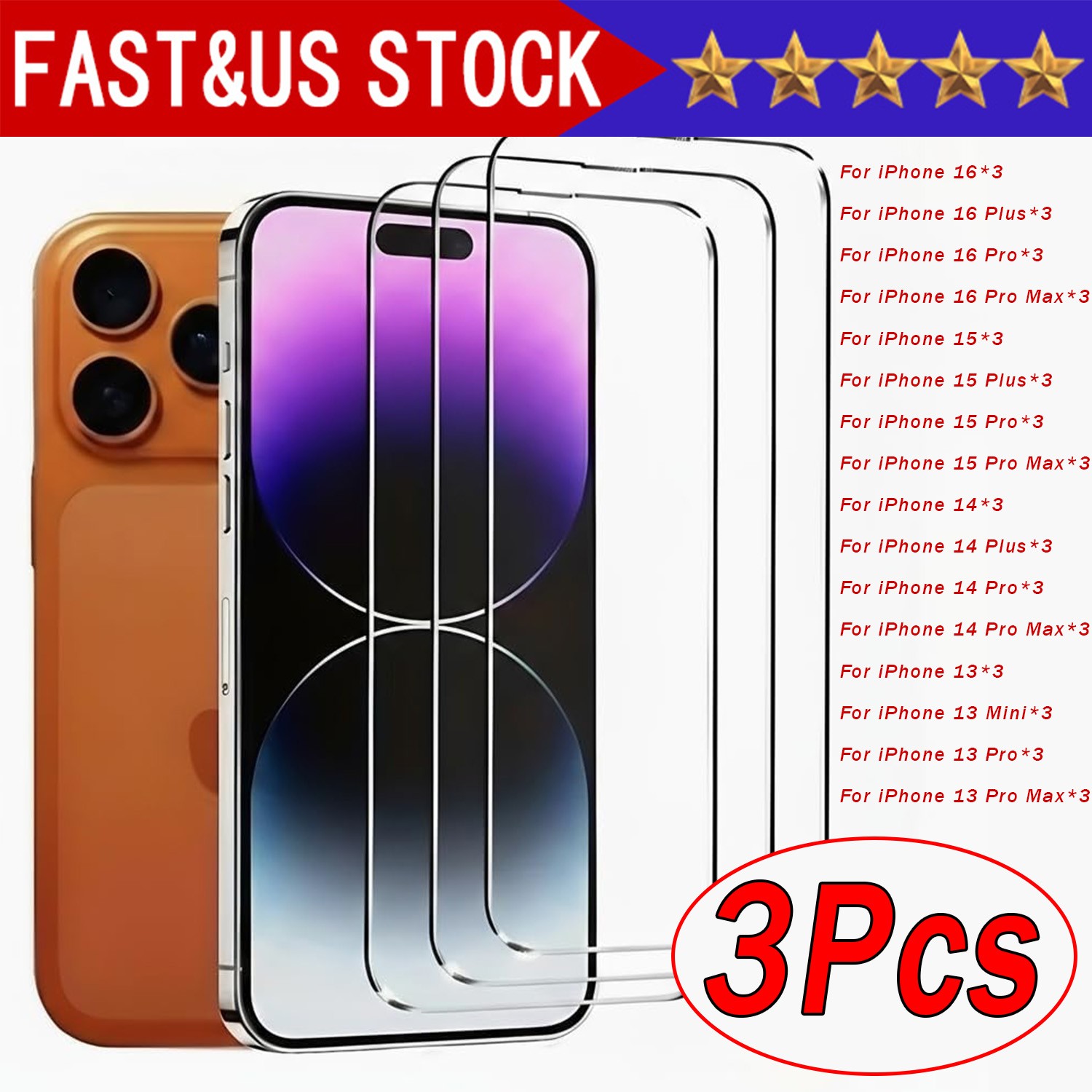 3X Tempered Glass Screen Protector Full Cover For iPhone 16 15 14 13 12 11 Pro