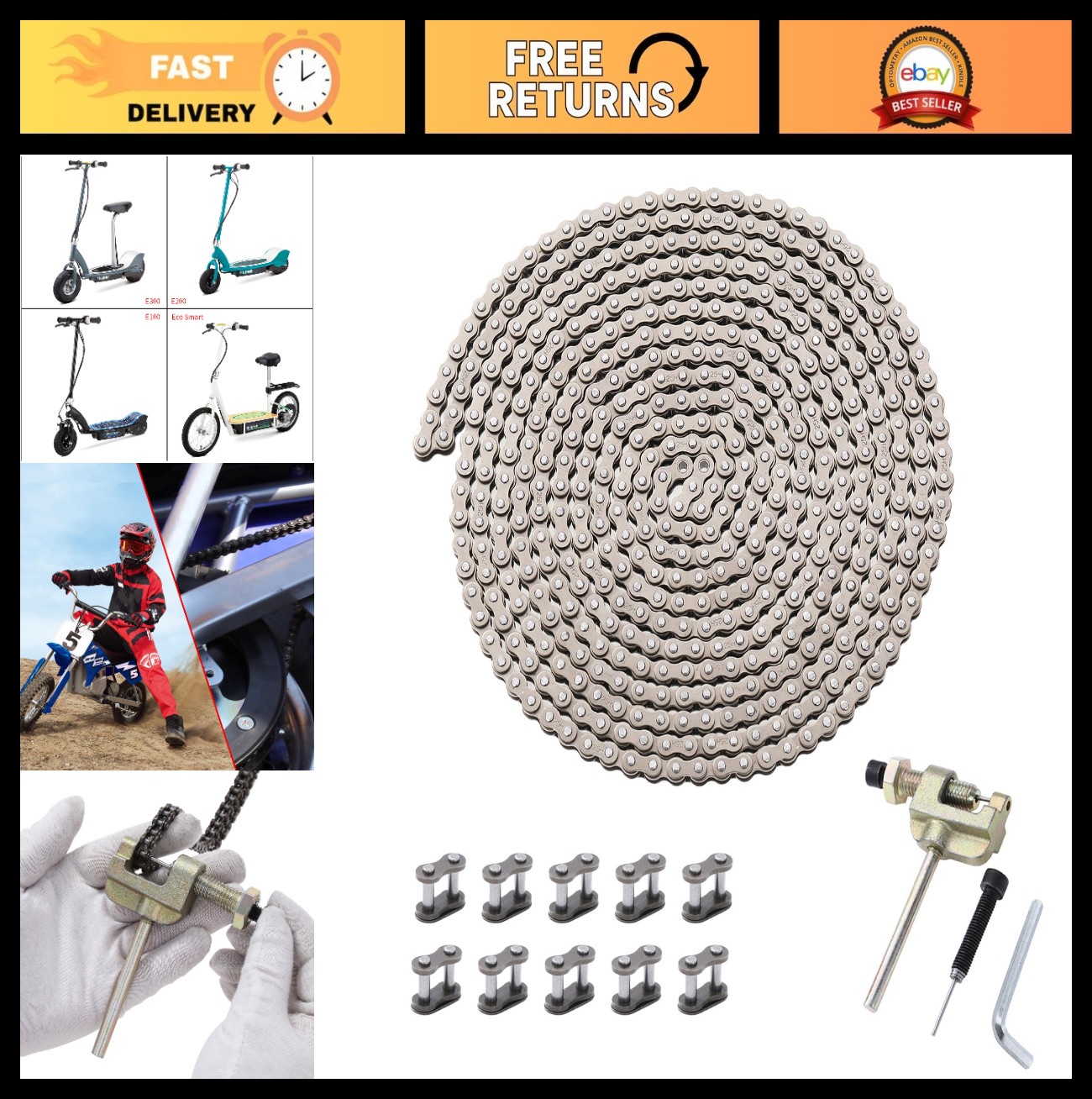 25H Roller Chain 10ft 480 Links Breaker for Dirt Bikes, Electric Scooters, ATVs,