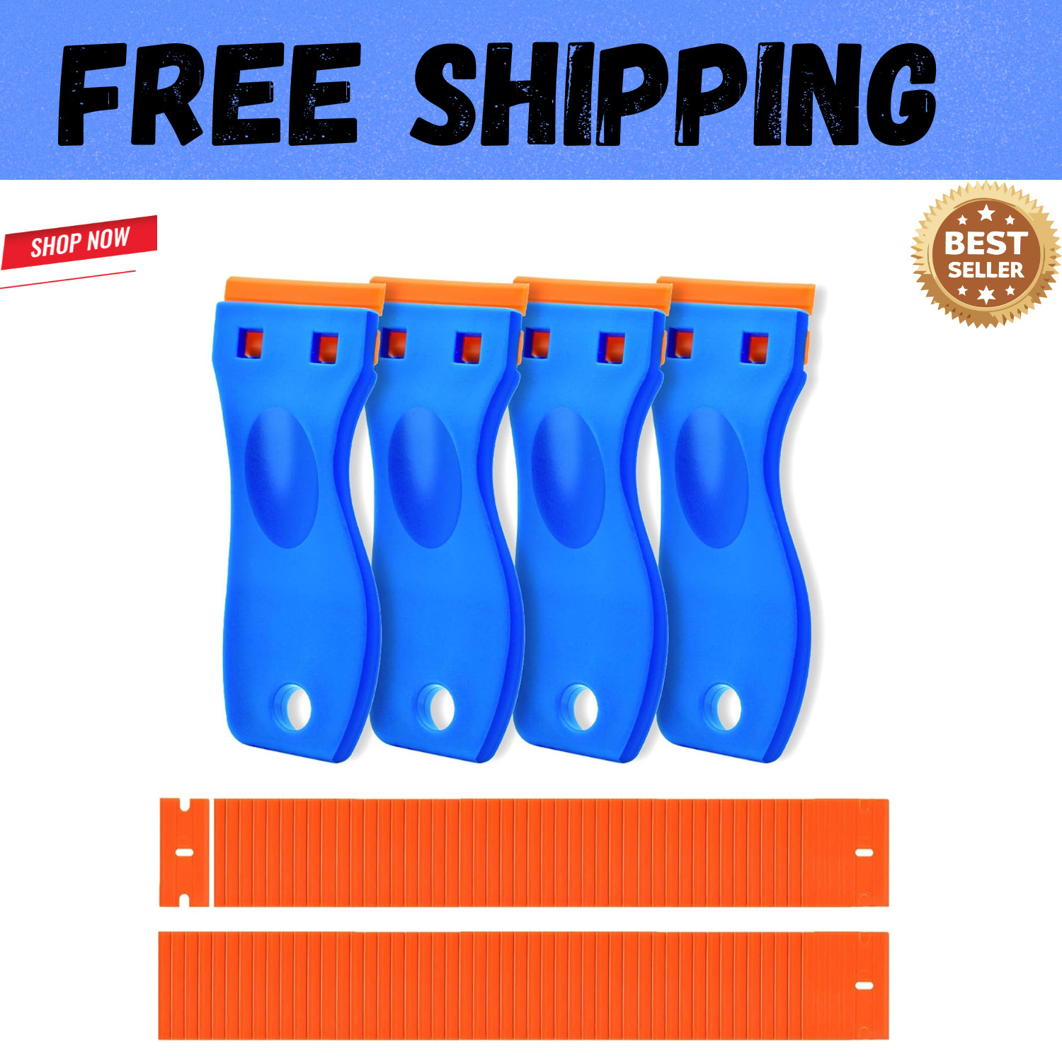 Plastic Razor Blade Scraper 4 Pcs and 120 Pcs Blades, Remove Label Decal Tool.