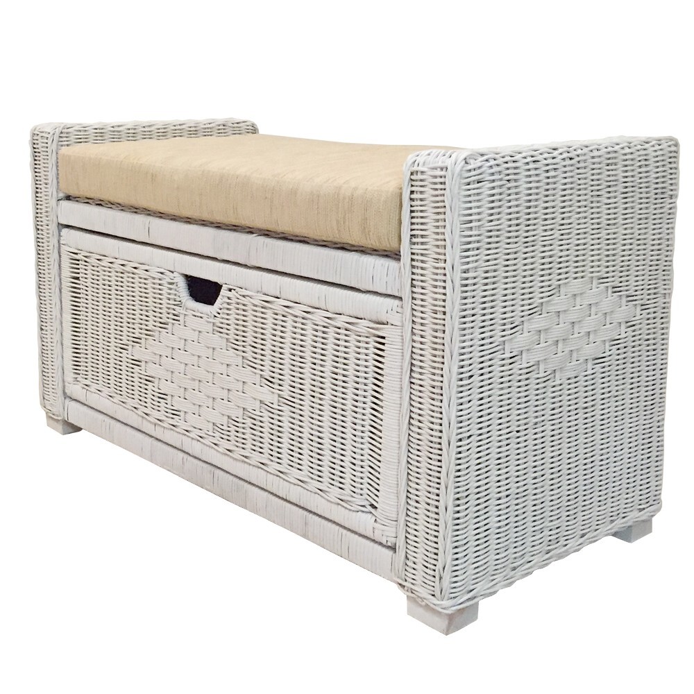 Bruno Handmade 32" Rattan Wicker Chest Storage Ottoman with Drawer, White