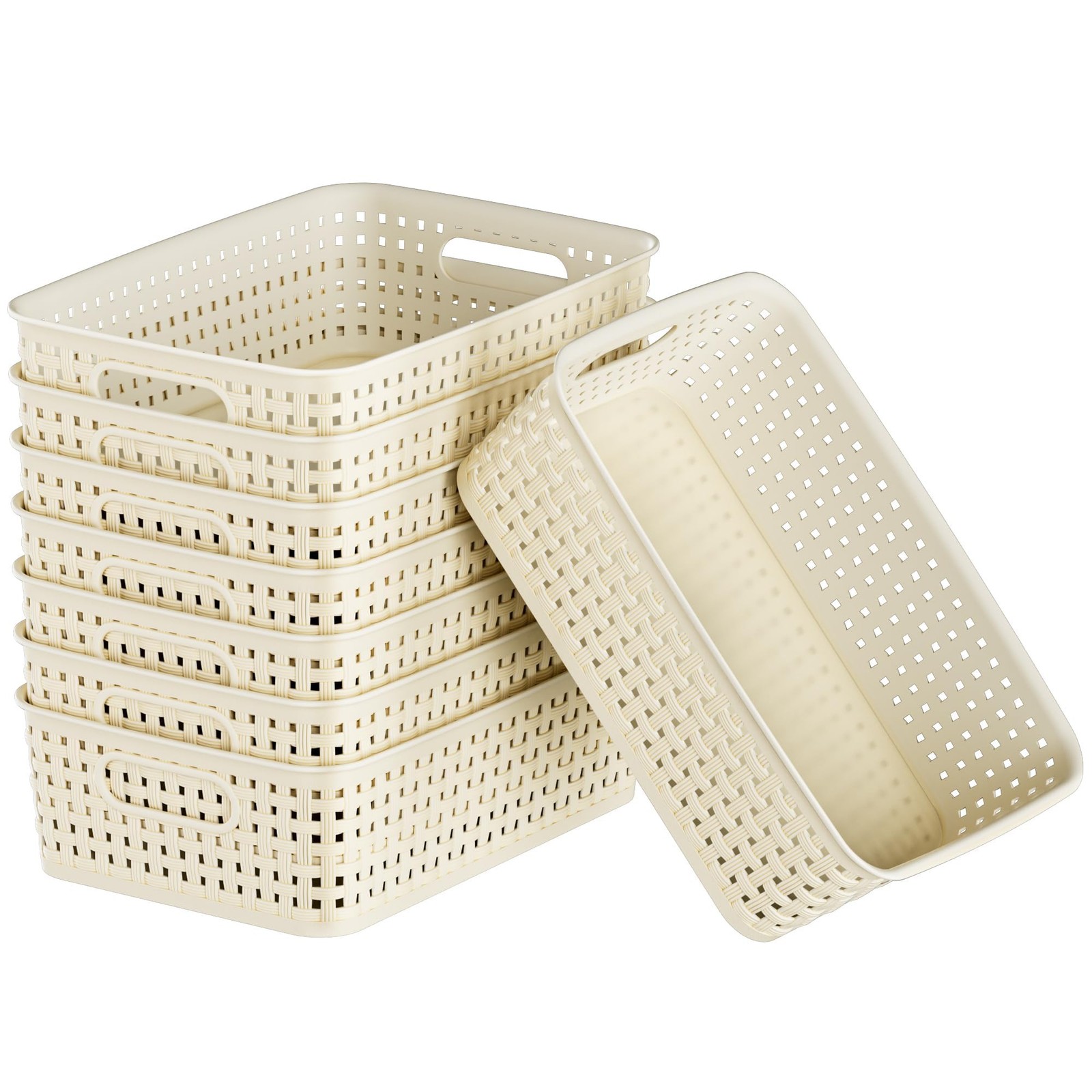 White Plastic Basket, 8 Pack Home Organization and Storage Baskets with Handl...