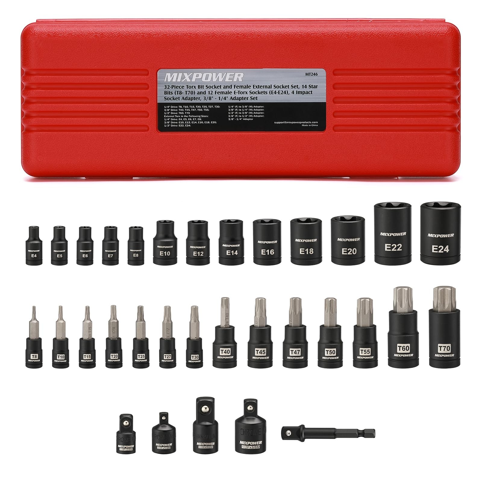 MIXPOWER 32PCS Torx Bit Socket Set, 14 Star Bits T8-T70,E4-E24(32PCS)
