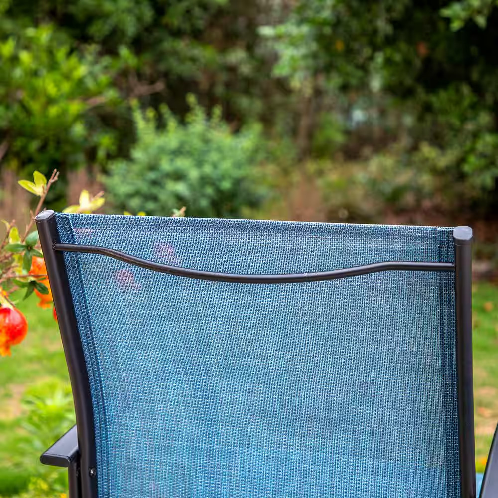 Black 5-Piece Metal Slat Square Table Patio Outdoor Dining Set with Blue Textile