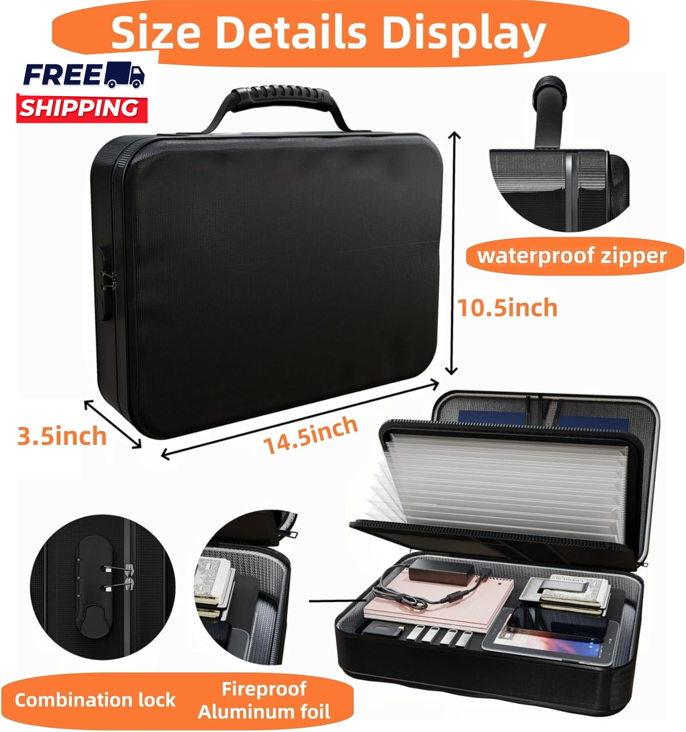 Fireproof Document Box (Soft-Shell) with Lock & Waterproof Zipper 5200°F Safe