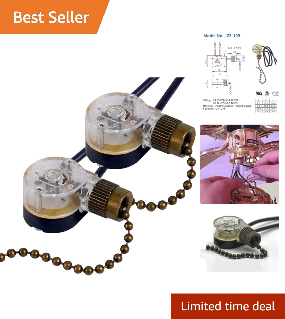 Zing Ear ZE-109 Bronze Pull Chain Ceiling Fan Switch - Easy Installation 2 Pack