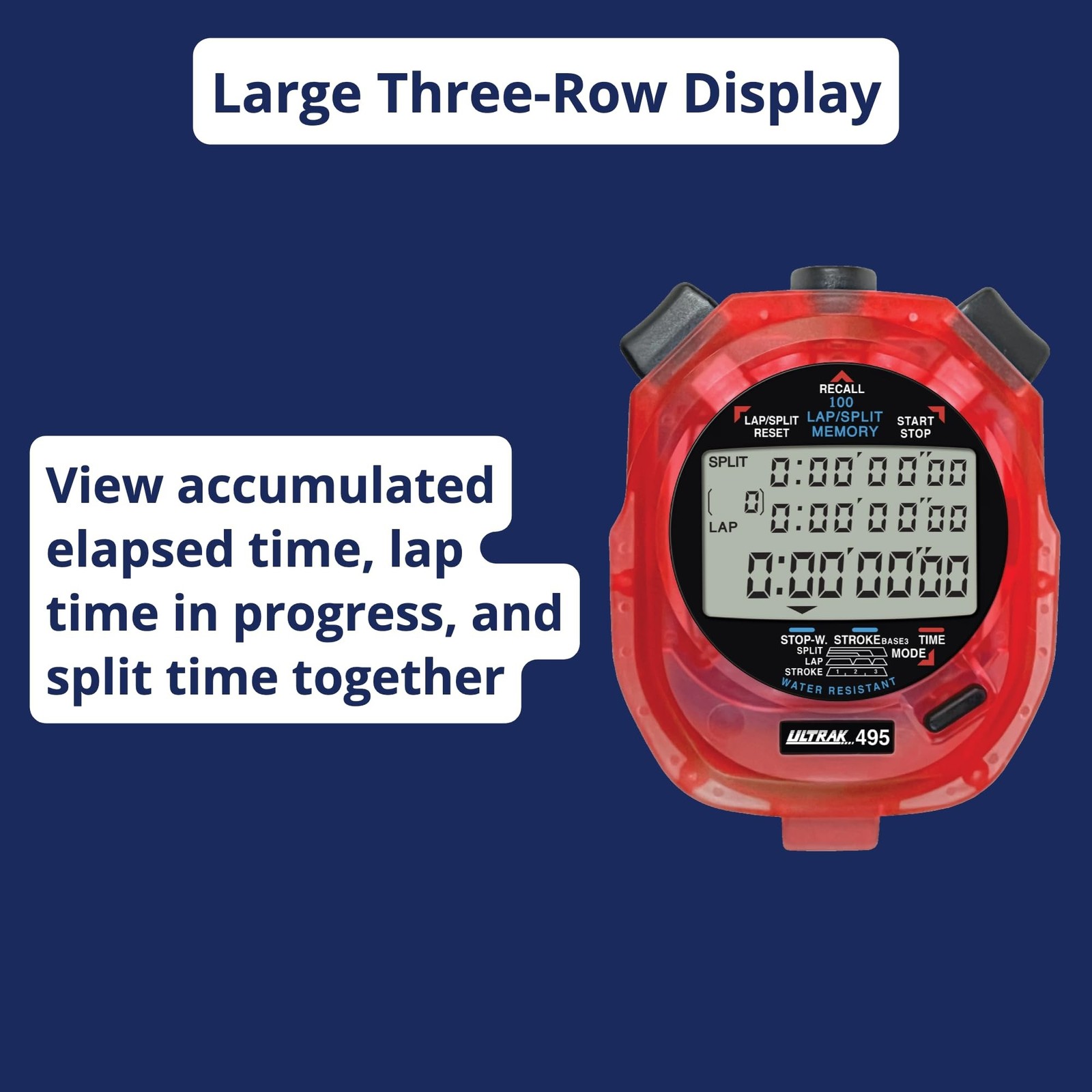 ULTRAK 495 Stopwatch – Red Professional 100-Lap Digital Timer, Countdown I