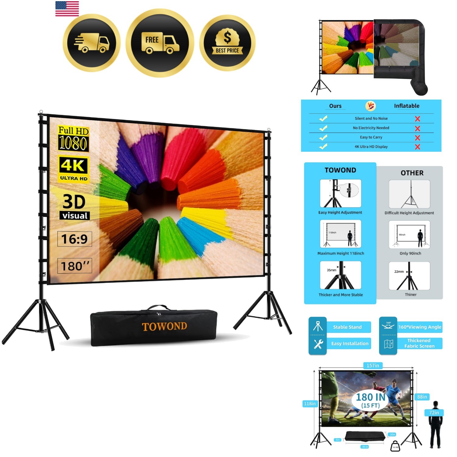 Projector Screen and Stand 180 inch Outdoor Portable HD Movie Screen 4K Decor
