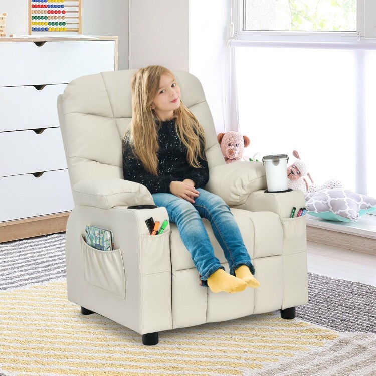 Kids Padded PU Leather Adjustable Recliner Chair W/Cup Holders & Storage Pockets