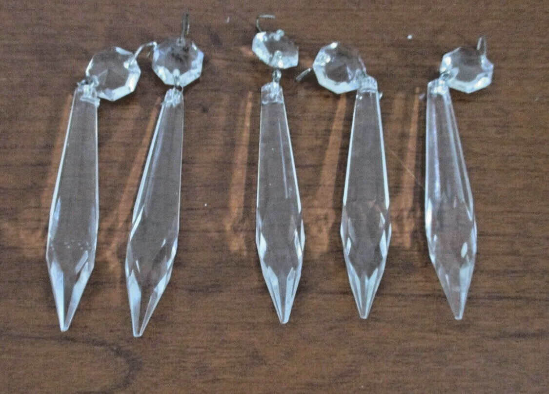 Vintage Glass Set of 5 CHANDALIER ICICLE PRISMS w/ Small CRYSTAL