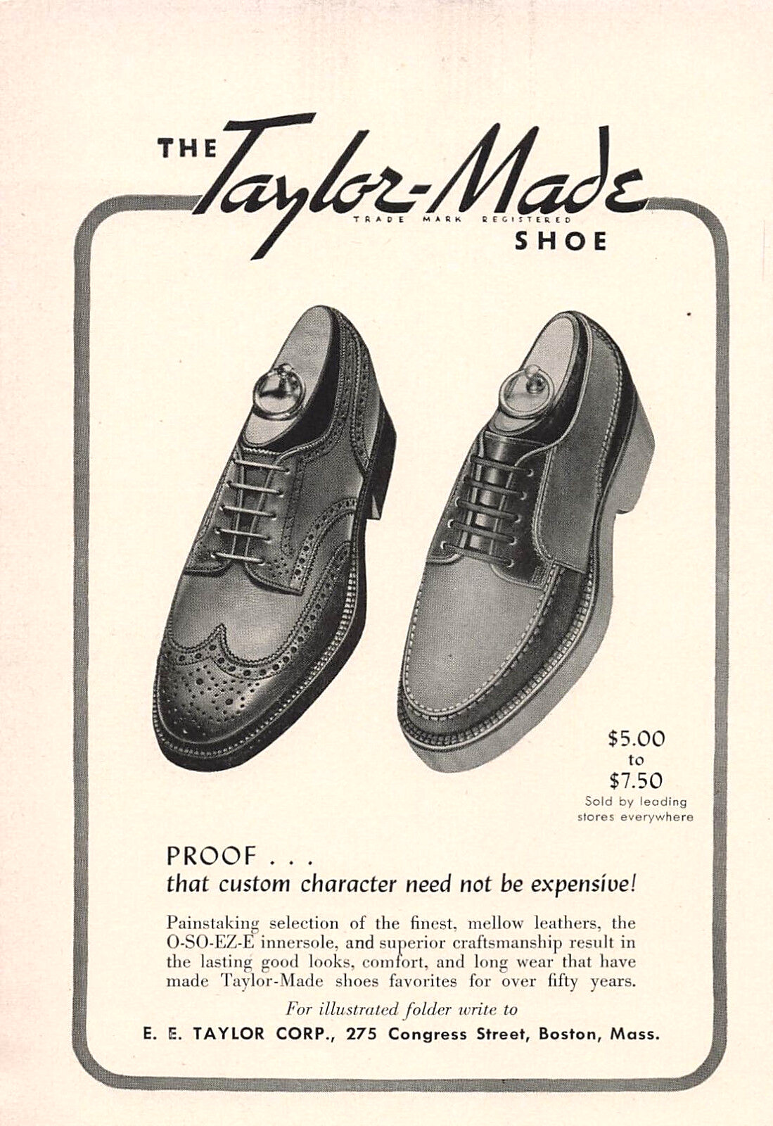 Taylor Made Shoe Print Ad Vintage Advertisement Shoe Advertising Boston MA 1941