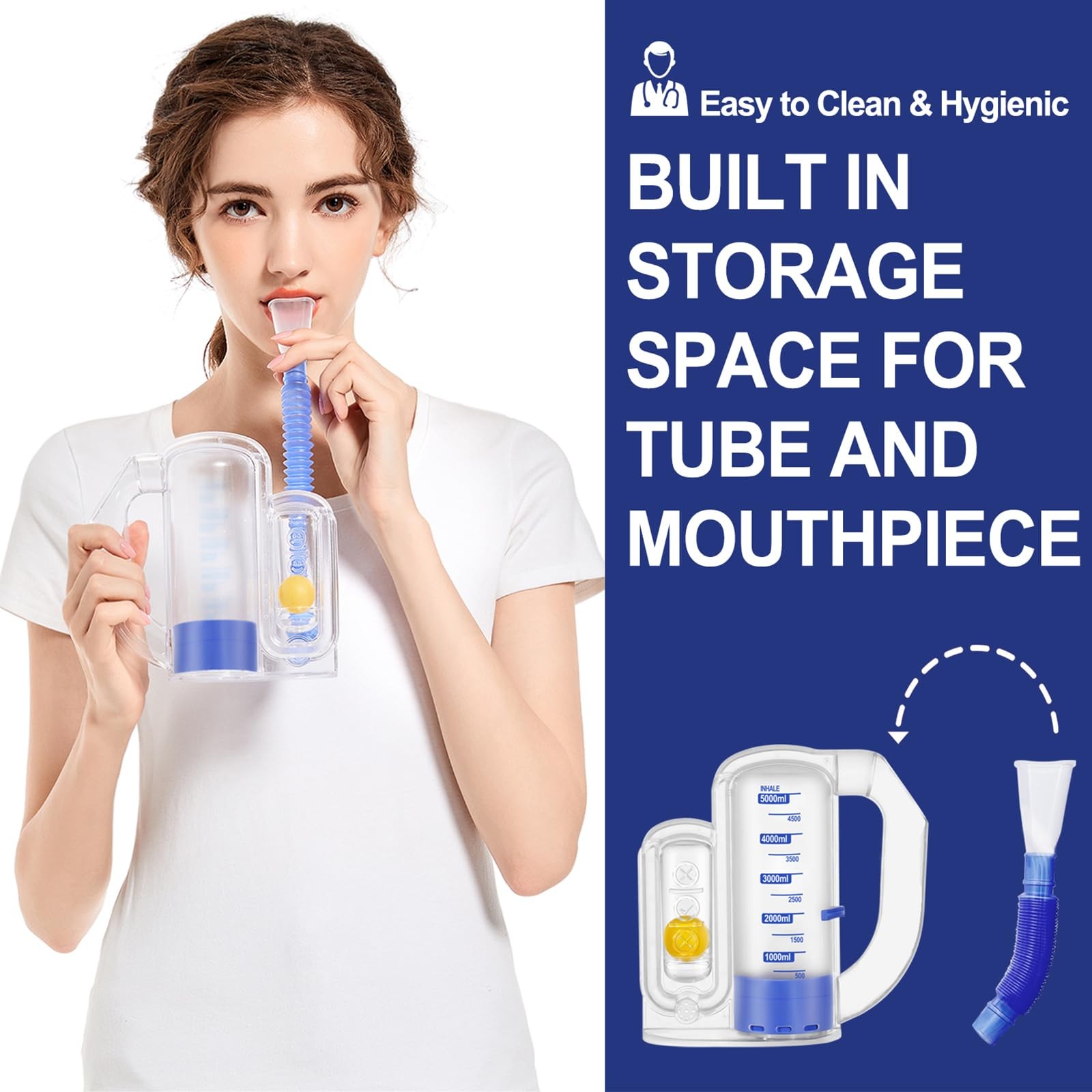Breathing Exercise Device for Lungs, Trainer 5000ml, Transparent