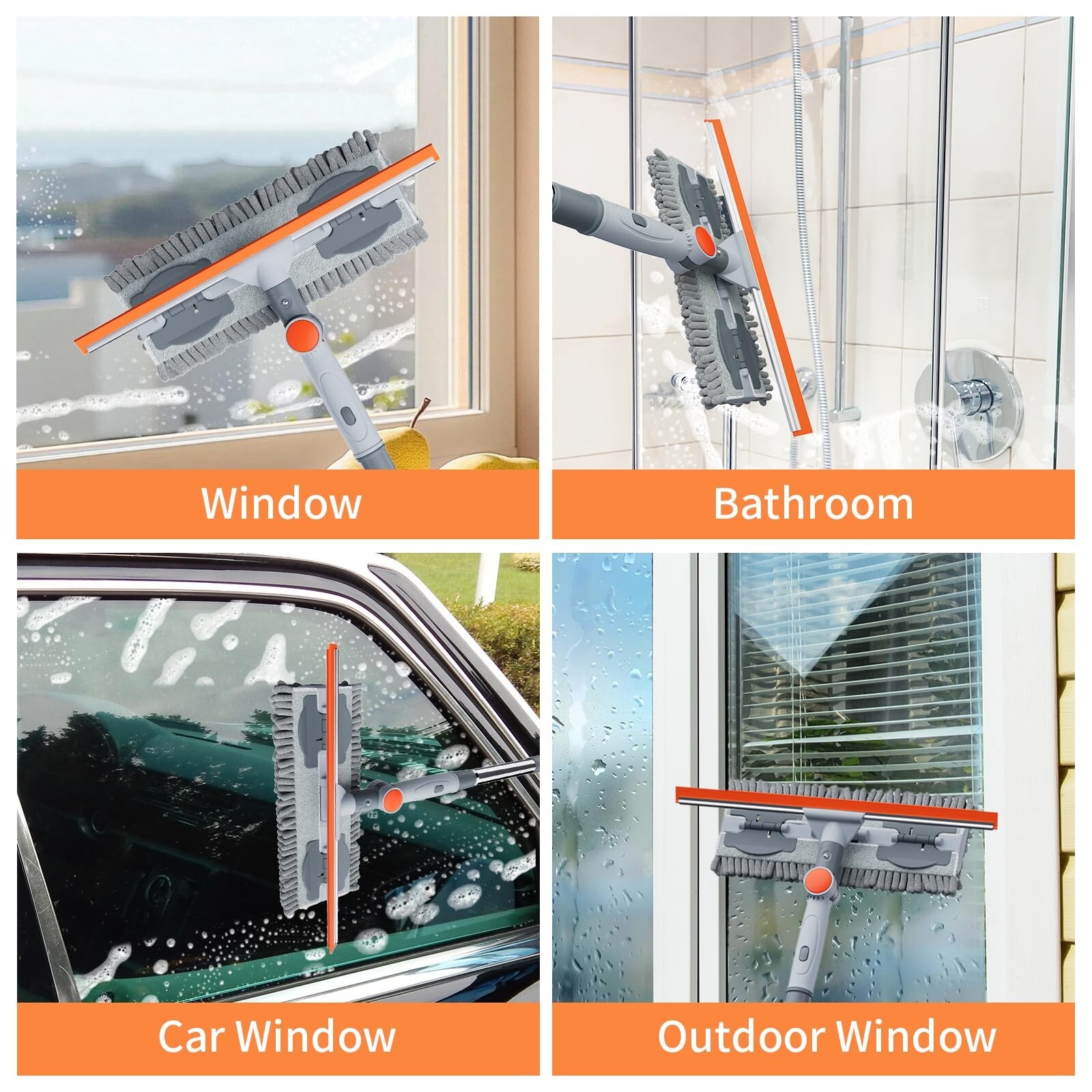 6.4FT Extendable 2-in-1 Window Squeegee & Scrubber with Long Handle, 180° A
