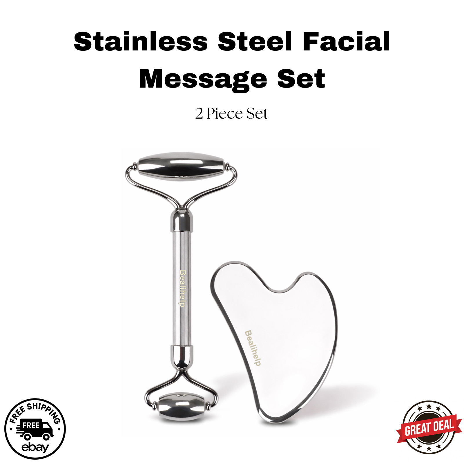 Stainless Steel Face Roller & Gua Sha Set Facial Massage Tool w/ Bag