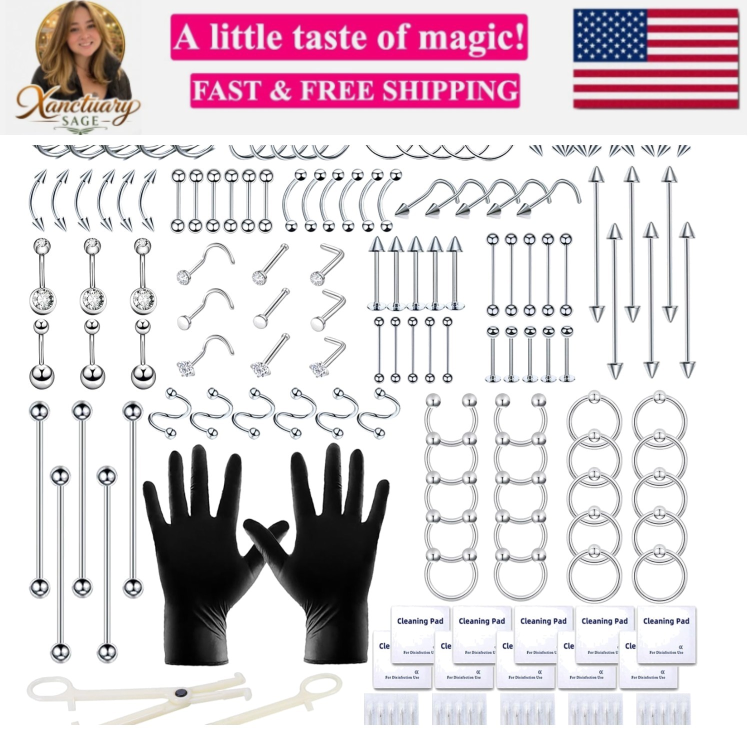 Pcs Piercing Kit: 12G, 14G, 16G, 20G Needles & 316L Stainless Steel Jewelry f...