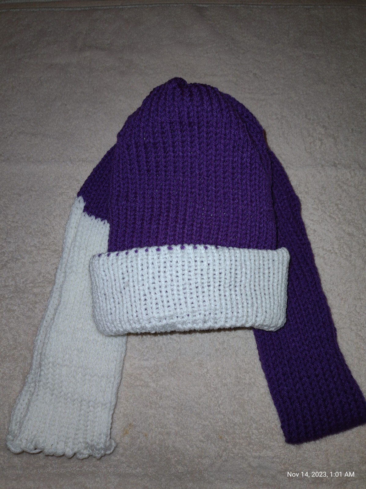 Adult sized beanie and scarf set color Purple and White brand new