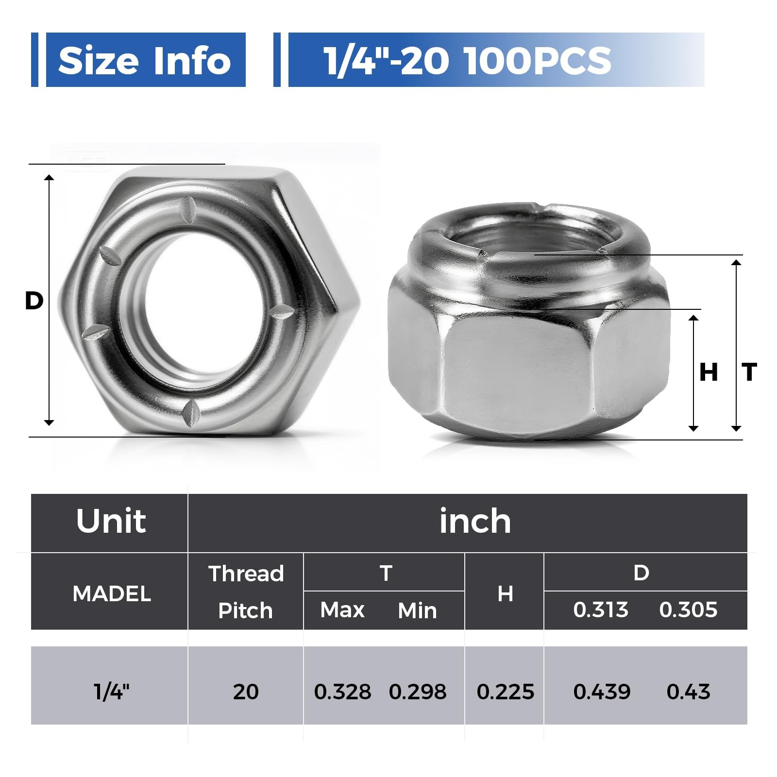 Wiewotsu 100 Pack 1/4"-20 Inch Lock Nuts, Premium Paterial 1/4"-20, Silver