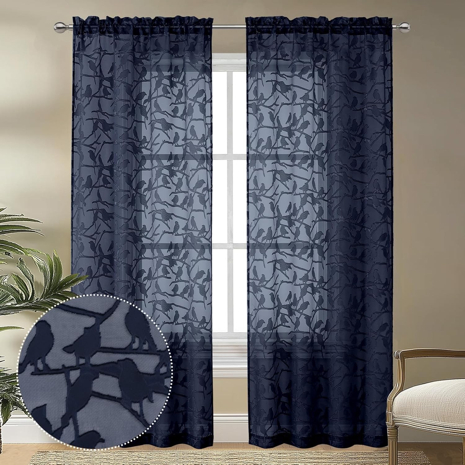 Textured Navy Blue Sheer Curtains 84 Inches Long 2 Panels Set, Light Filtering