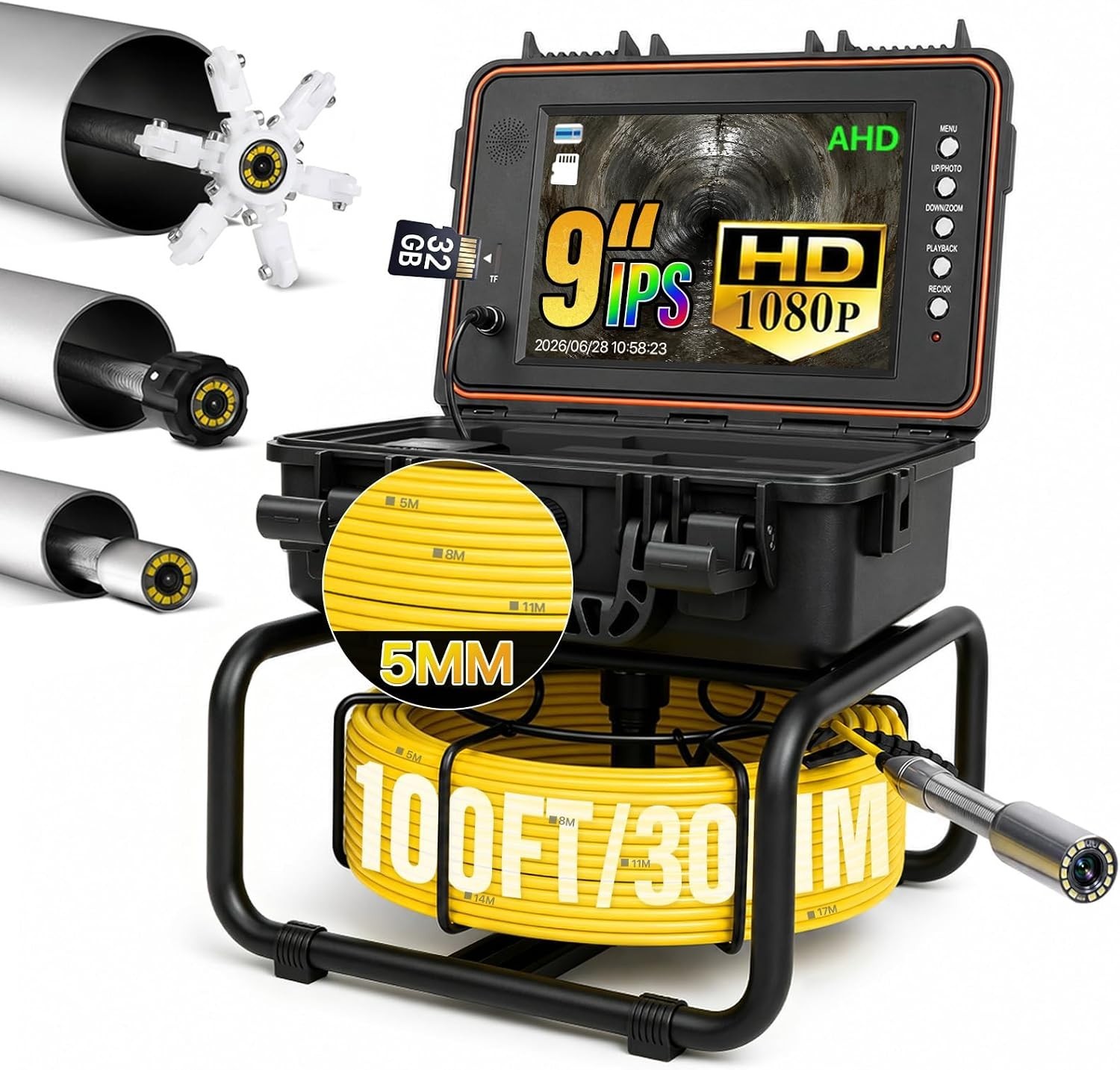 High-Performance 100FT Self-Leveling Pipe Camera with 5x Zoom & 10-Hour Battery