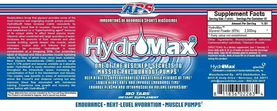 APS Hydromax Massive Pre-Workout Pump 65% Glycerol Powder 180 Tablets New
