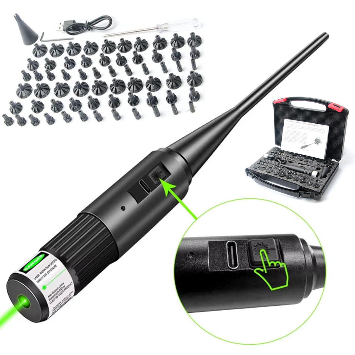 USB Rechargeable Green Laser Bore Sight Kit 64 Adapters fit 0.17 to 12GA Caliber