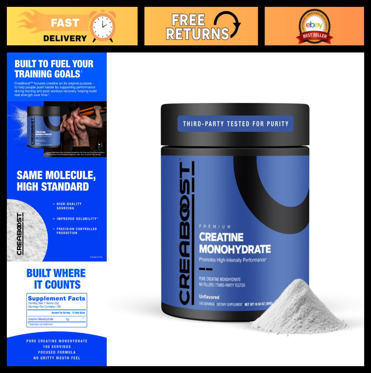 Unflavored Premium Creatine Monohydrate Powder - Muscle Gain, Workout Supplement