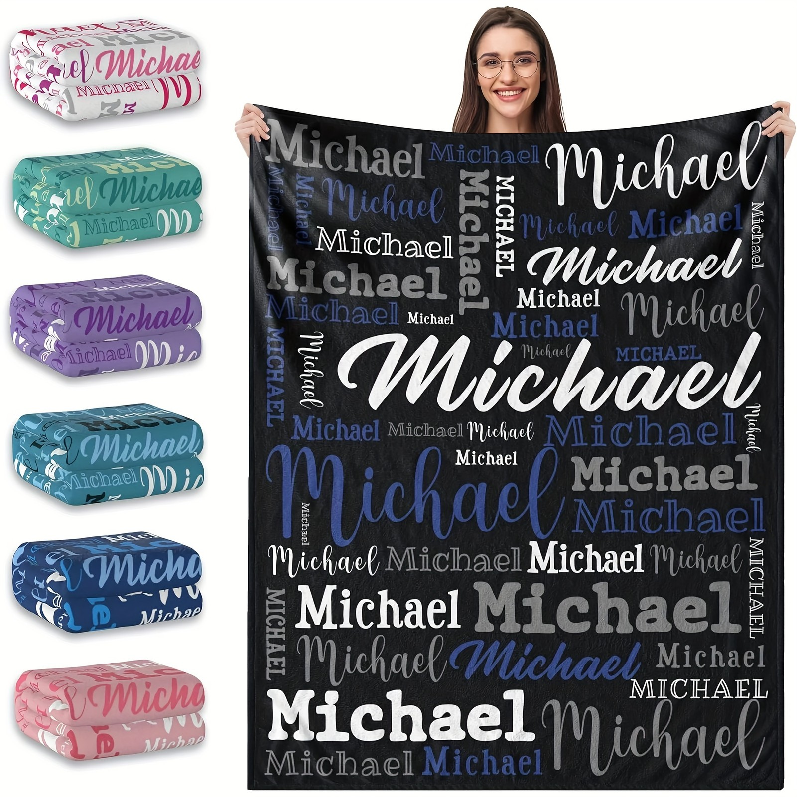 Custom Name Print Flannel Throw Blanket – Personalized Contemporary Text Design√