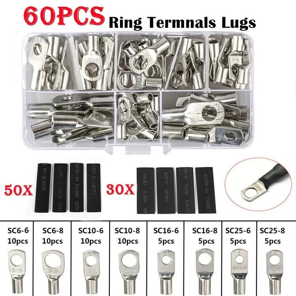 140Pcs Battery Cable Lugs Eyelets Copper Ring Terminals Crimp Wire Connectors US