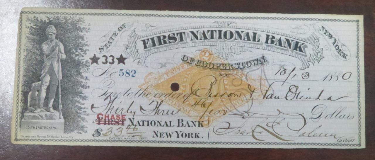 1880 First National Bank of Cooperstown N.Y. Check $33.46 to Chase National