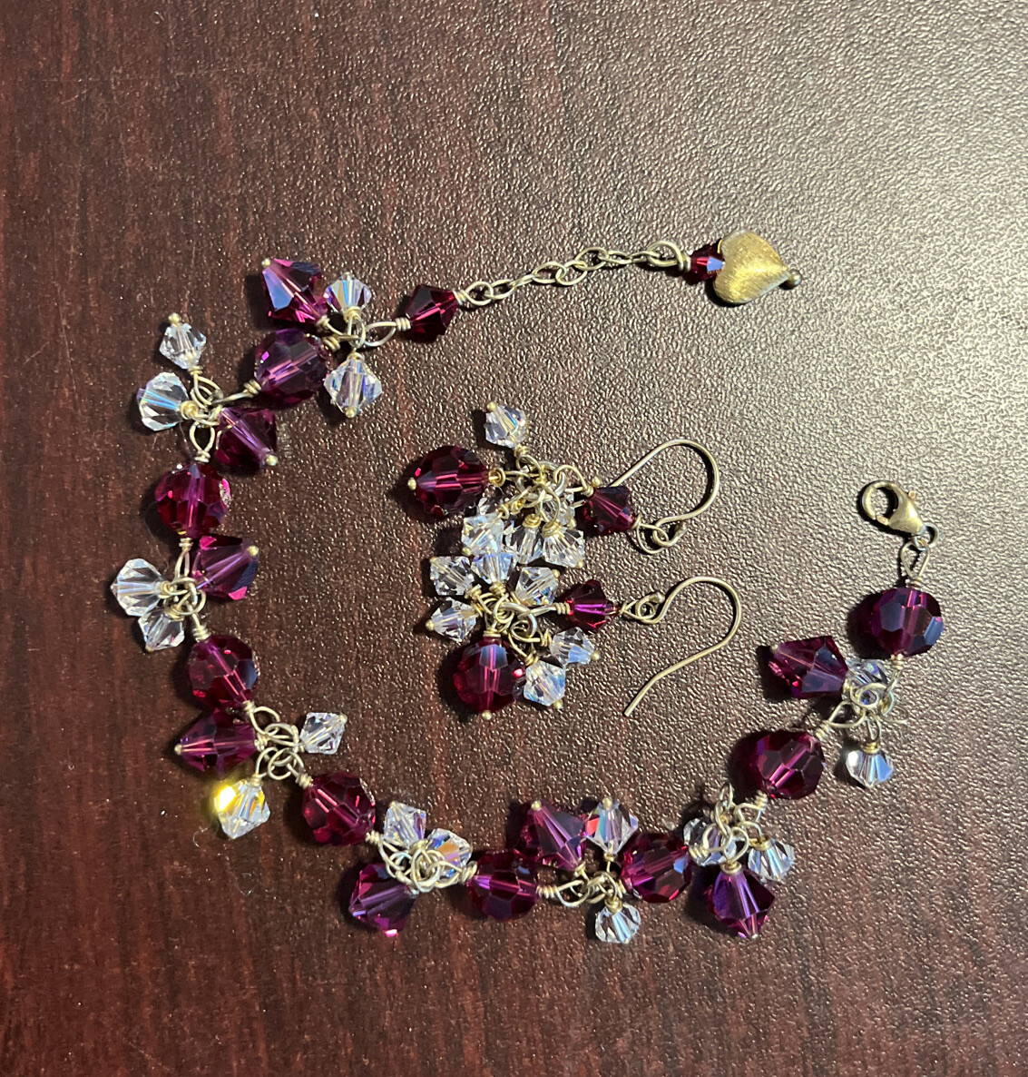 Handmade Artisan Crafted Garnet & Crystal Beaded Bracelet & Dangle Earrings
