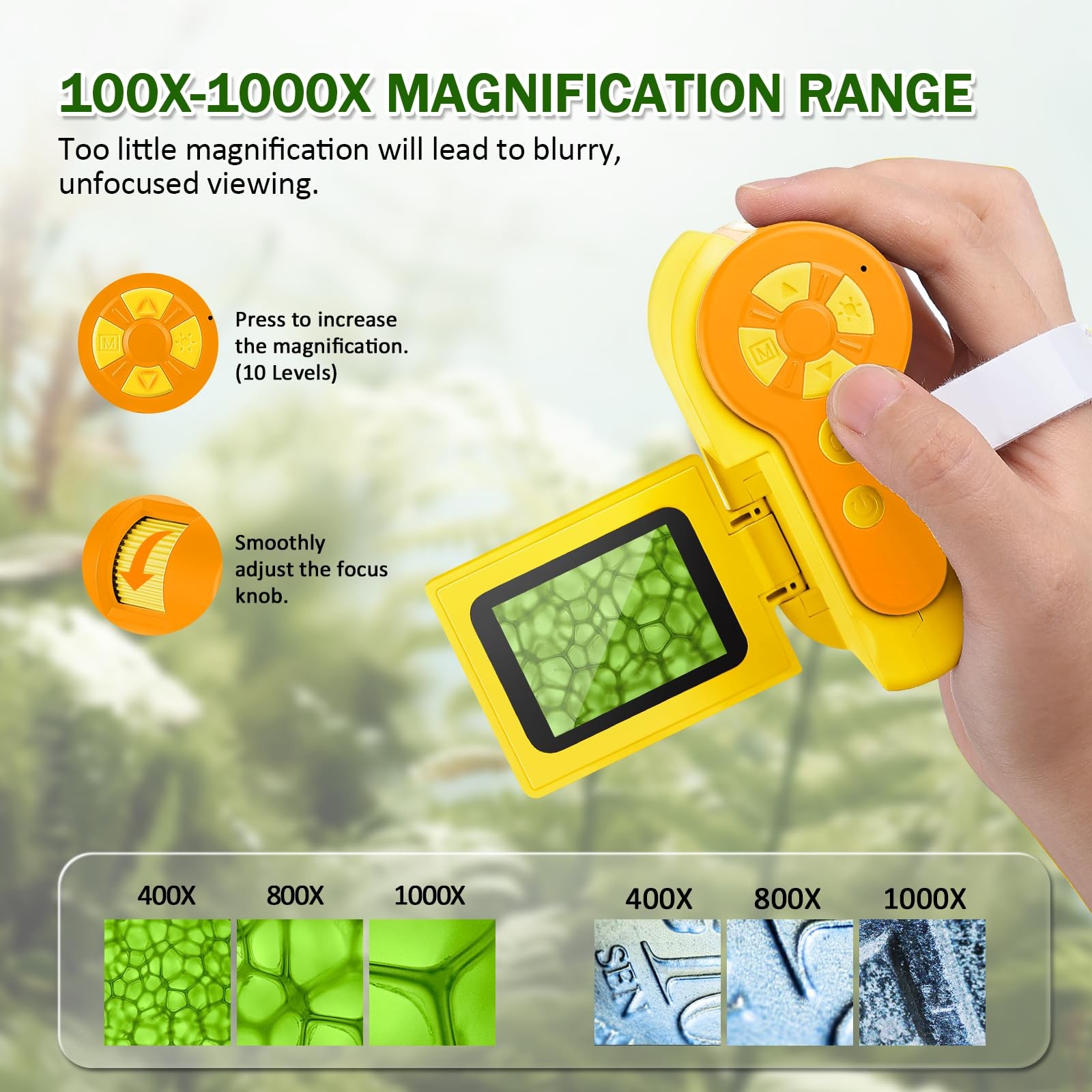 Barchrons 1000X Handheld Microscope for Kids, 4K 2.0" Screen Mini Yellow