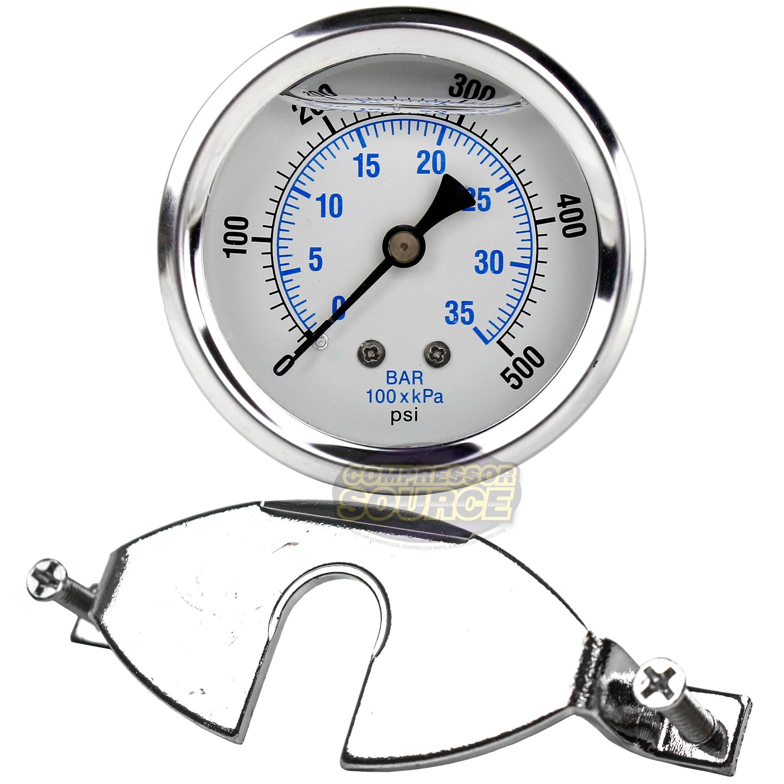 1/4" NPT Pressure Gauge Mounting Bracket with 2.5" Liquid Gauge 500 PSI Max