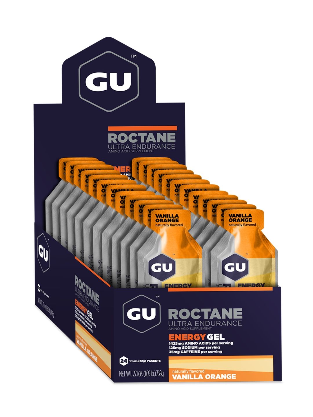 GU Roctane Energy Gel Box of 24 vanilla orange White/Orange