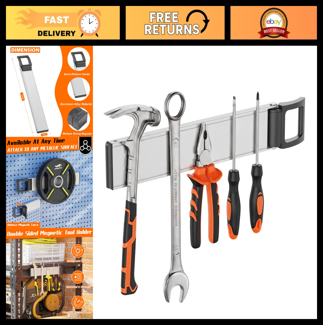 Heavy Duty 12" Double Sided Magnetic Tool Holder - Rust-Resistant Organizer Stri