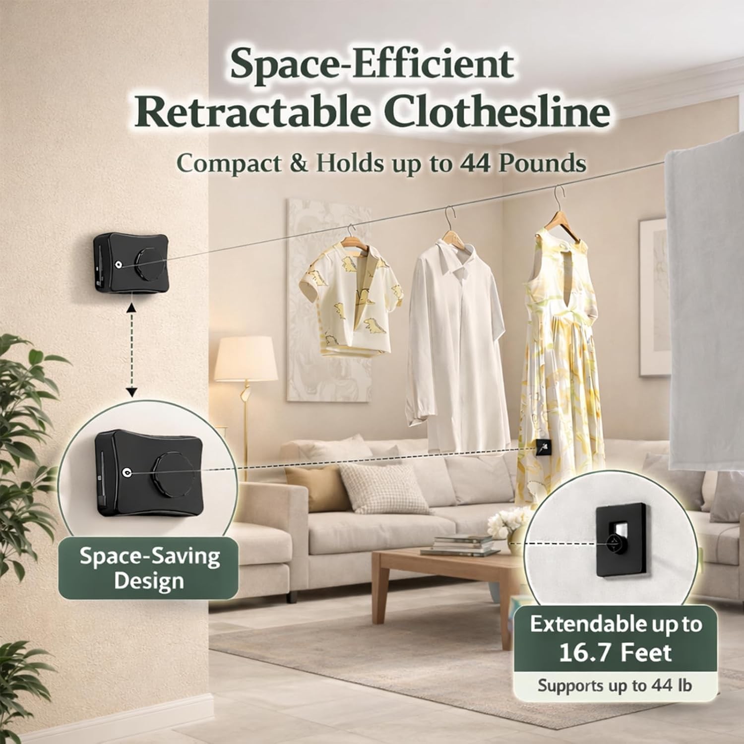 Retractable Heavy Duty Laundry Line 16.7ft Indoor Outdoor Use
