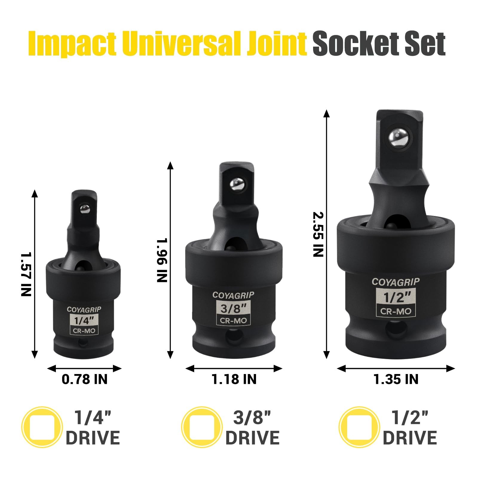 Impact Universal Joint Swivel Socket Set, 3-Piece 1/2'', Black