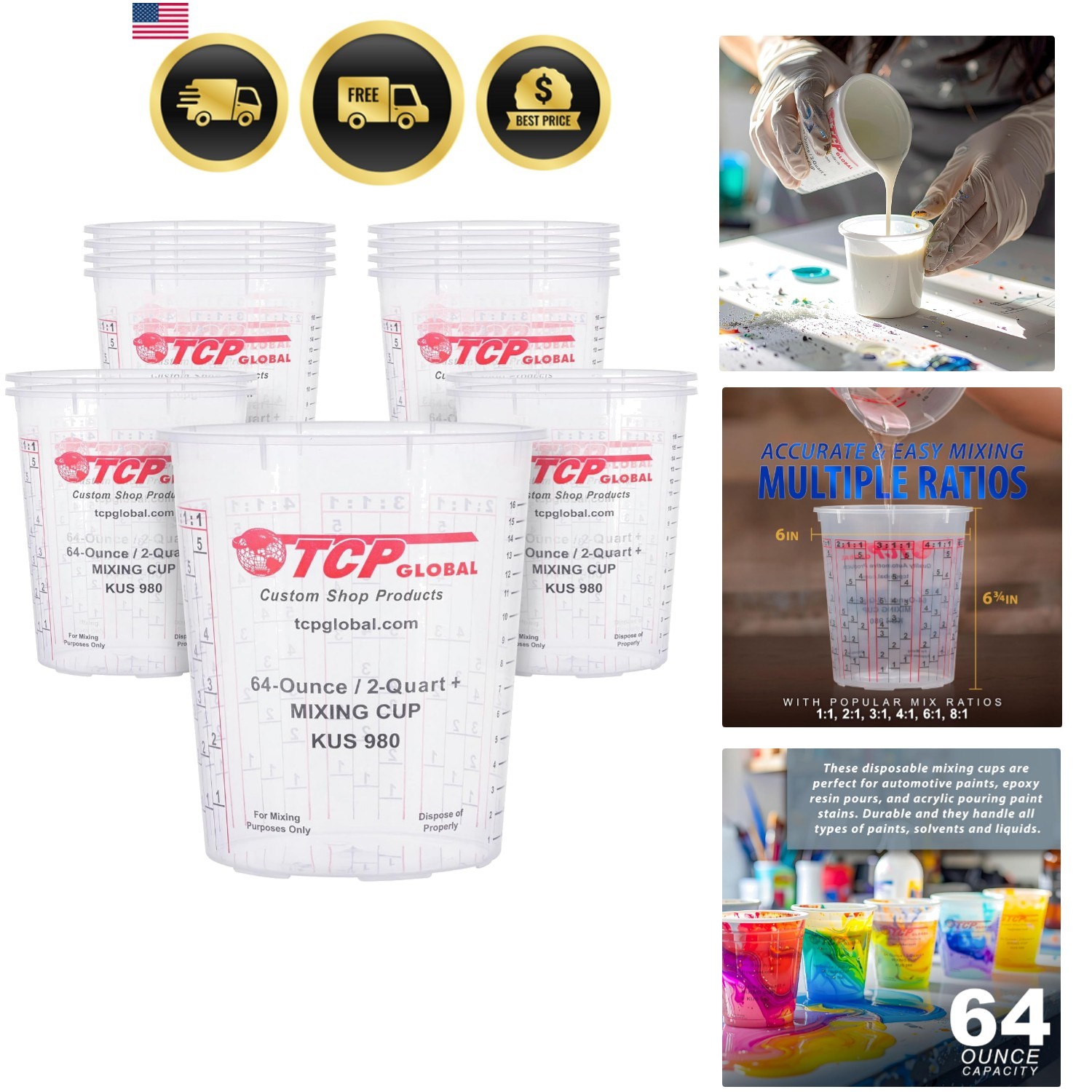 Paint Mixing Cups Plastic 64oz 12 Pack Liquid Automotive Resin Arts Crafts