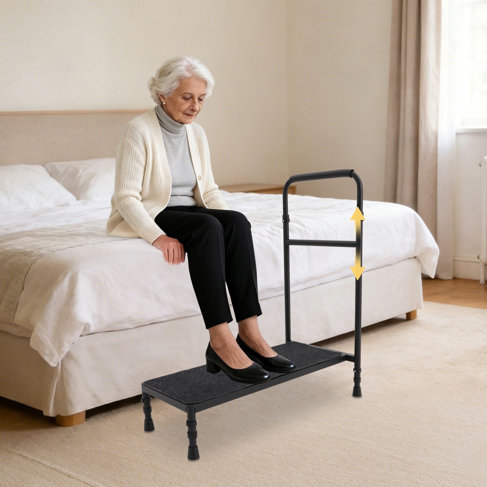 Bedside Step Stool Large Adjustable Height with Stable Assist Rail Bed Step