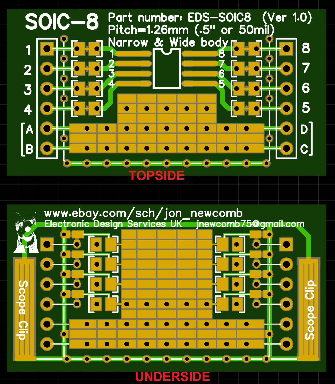 8pcs SOIC8 SOIC-8 ADAPTOR PCB STRIPBOARD BREAKOUT BOARD - (0.05", 50mil, 1.26mm)
