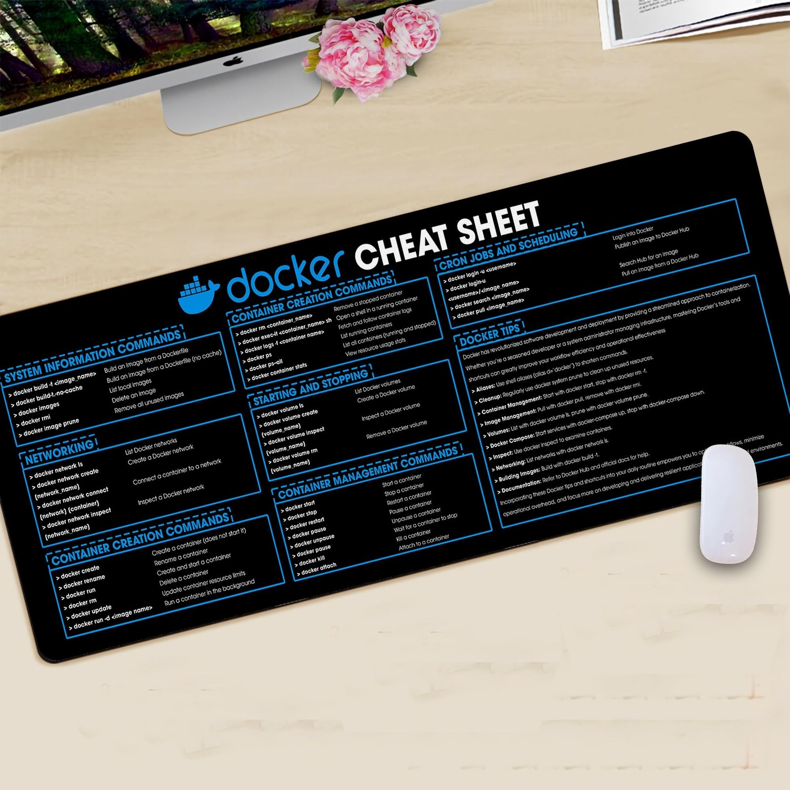 Docker Cheat Sheet Mouse Mat, Large Gaming Desk Mat Mouse Pad for Developers,...