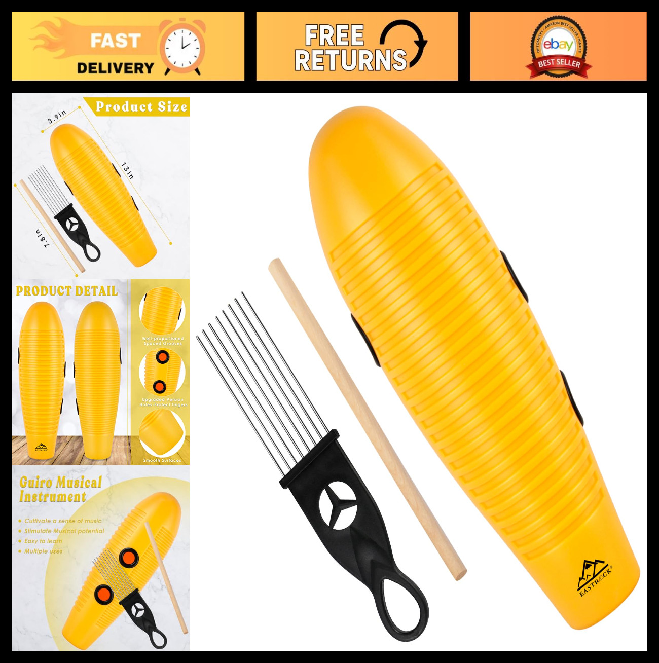 Fish-Shaped Guiro Instrument 3.9"x13" - Latin Percussion with 2 Scrapers, Yellow