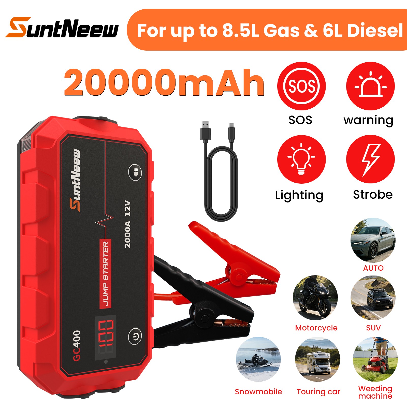 SuntNeew Car Jump Starter 20000mAh Booster Jumper Box Battery Charger Power Bank