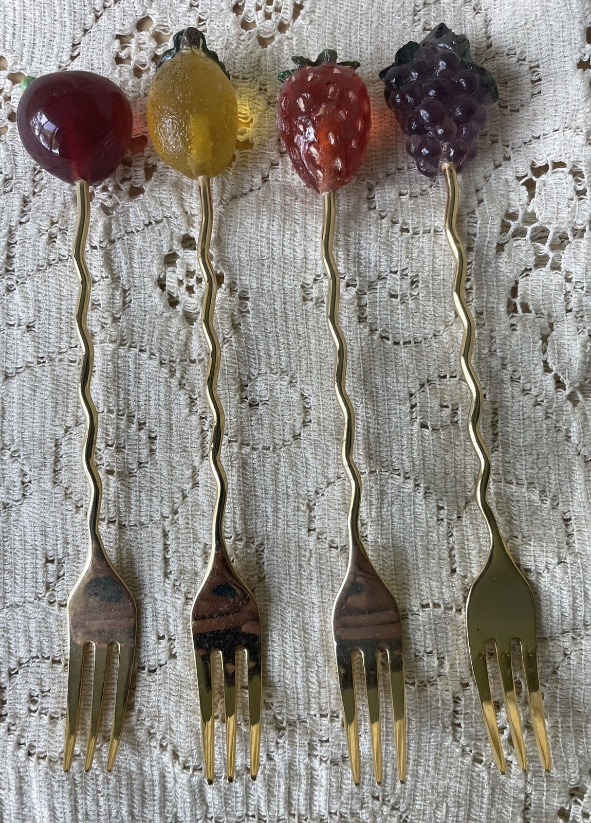 Gold Metal Relish Forks With Acrylic Fruit Tops Set of 4