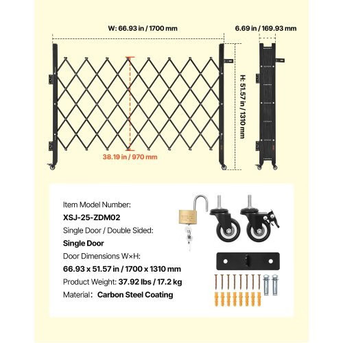 Single Folding Security Gate, Lockable Scissor Gate with 360° Swivel Casters, O