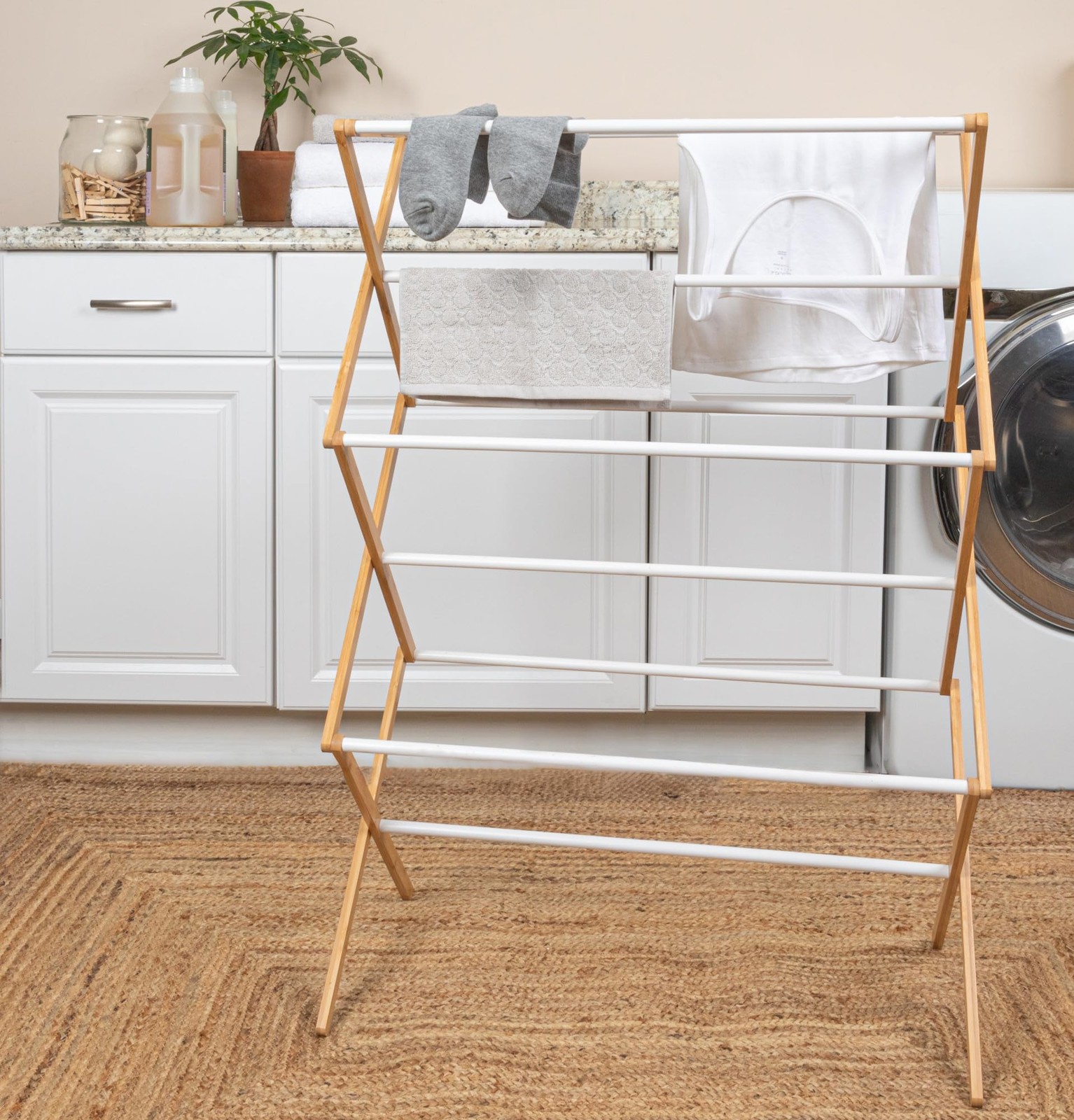 Bamboo Folding Clothes Drying Rack | White Finish, 11 Dowels & Flat Drying Sh...